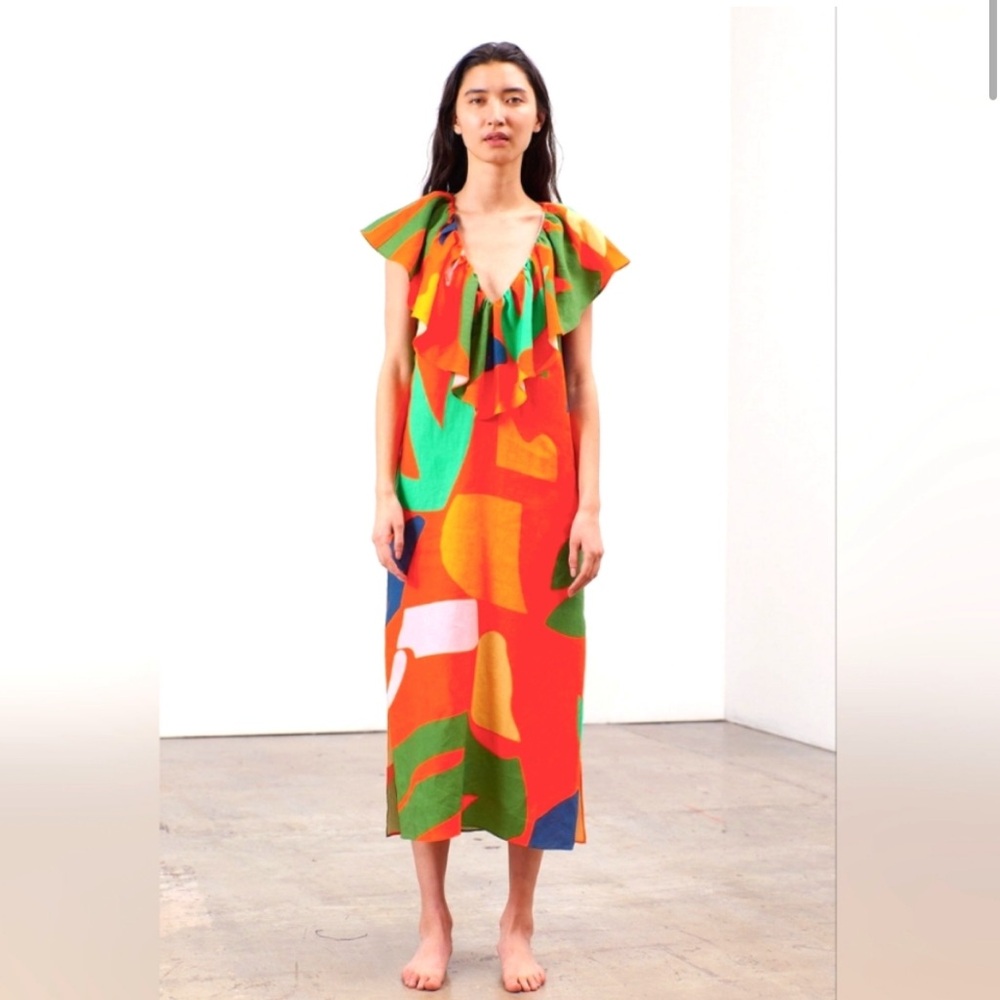 Mara Hoffman Julietta Colorful Linen Ruffle V-Neck Vacation Midi Dress - XS - Picture 3 of 7